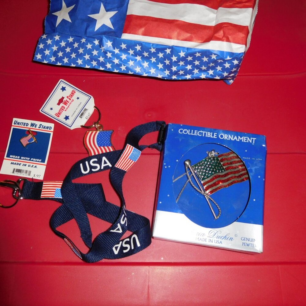 NEW USA FLAG ITEMS LOT ALL MADE IN USA KEY RING PIN LANYARD ORNAMENT